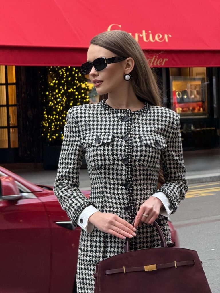 Houndstooth Jacket With a Deep Burgundy Handbag