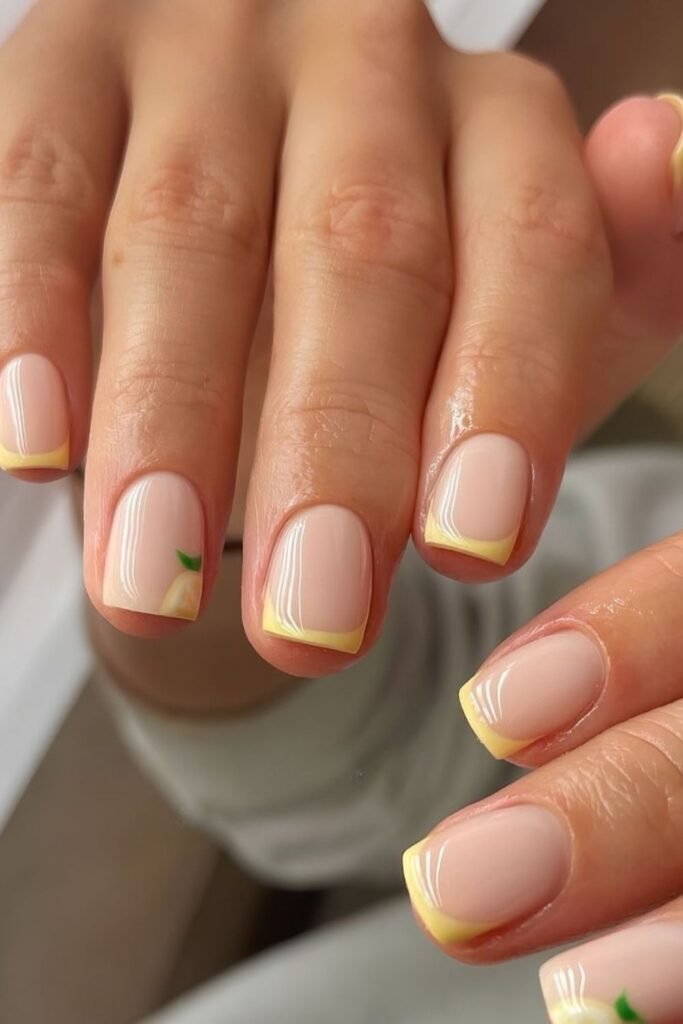 Lemon Yellow Tips with a Tiny Fruit Accent Nail_
