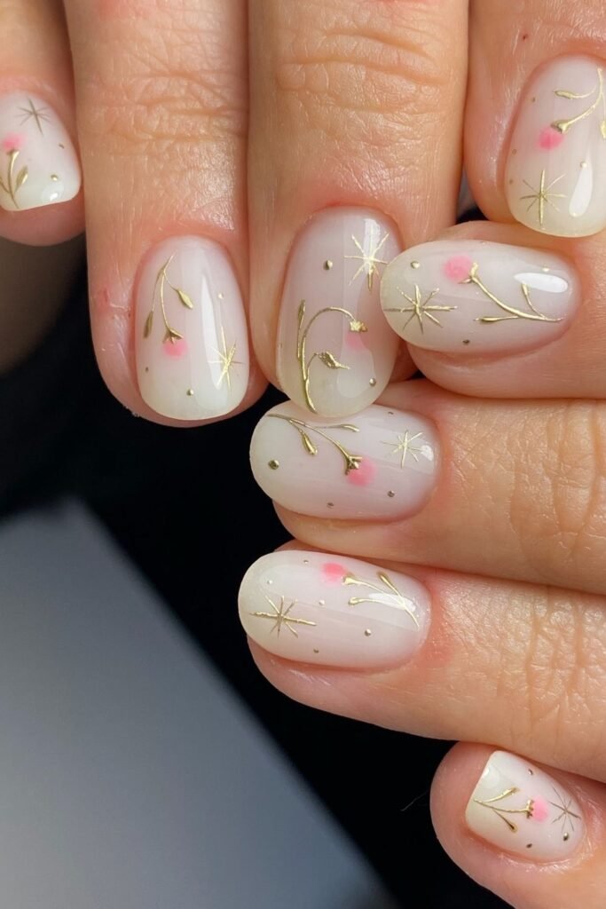 Milky Nude Nails With Gold Sprigs and Star Bursts