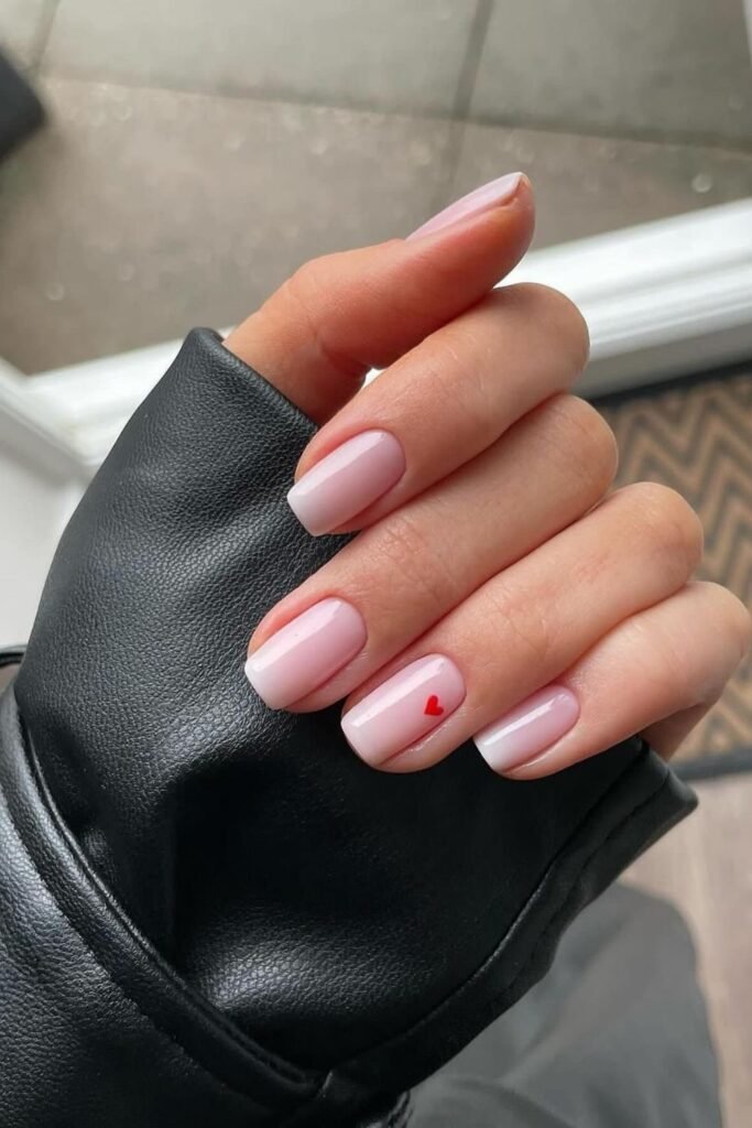 Milky Pink Square Nails With One Tiny Red Heart