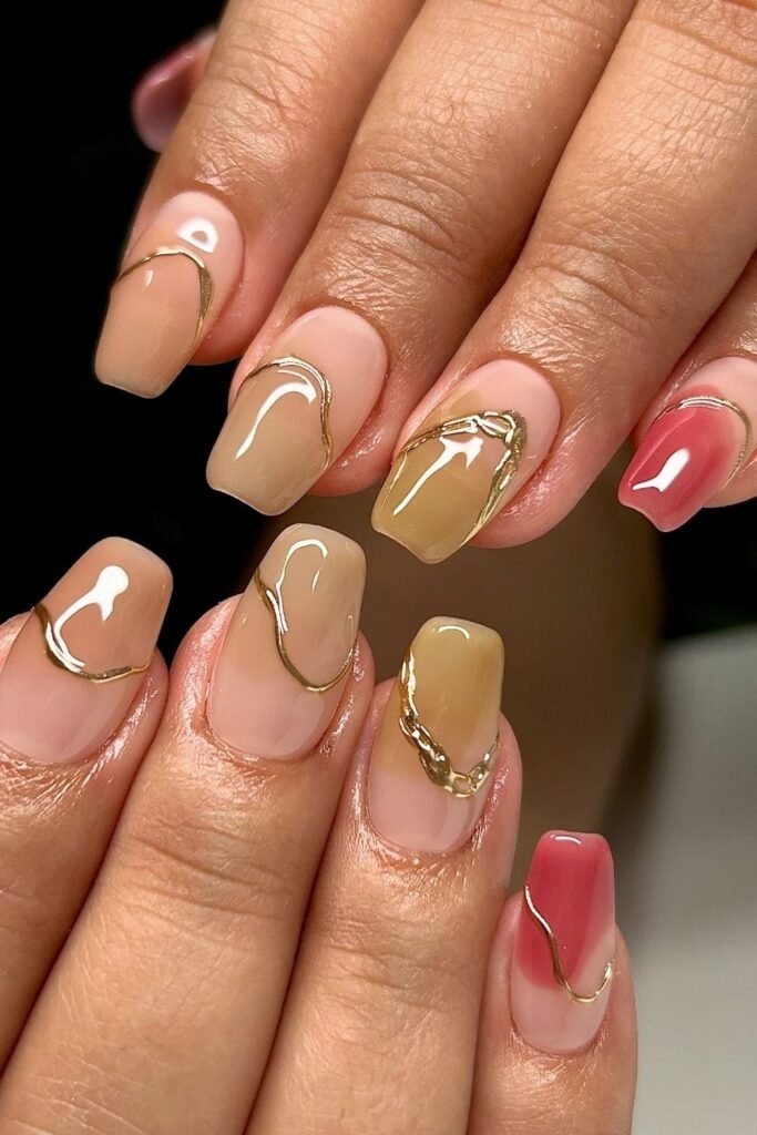 Mix Camel, Blush, and Rose Tones With Gold Chrome Lines for an Abstract Set