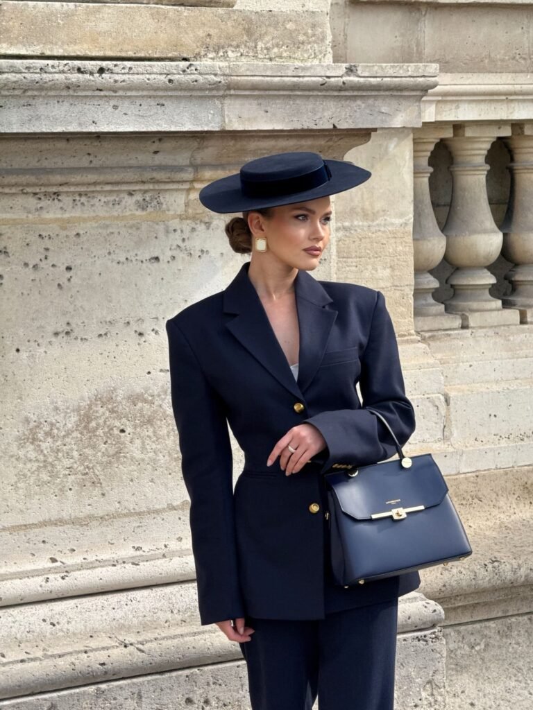 Monochrome Navy Tailoring With a Structured Top-Handle Bag