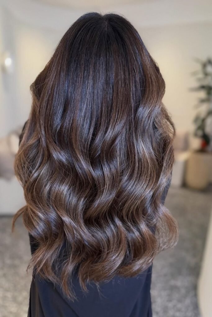  Near Black Roots Fading Into Cool Mocha Waves