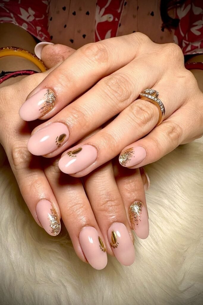 Opaque Pink with Gold Glitter Ombré and a Single Footprint Accent