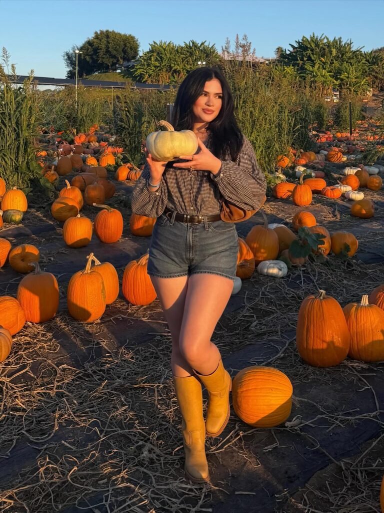Oversized Gingham Blouse With Denim Shorts and Yellow Boots