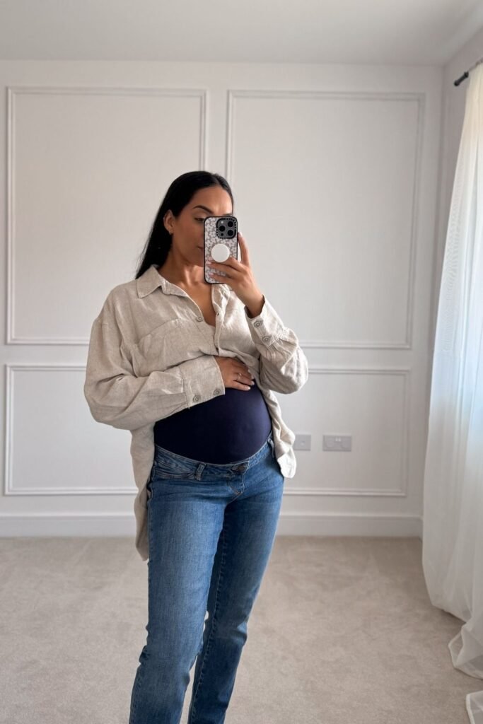 Oversized Linen Shirt Over Under Bump Maternity Jeans
