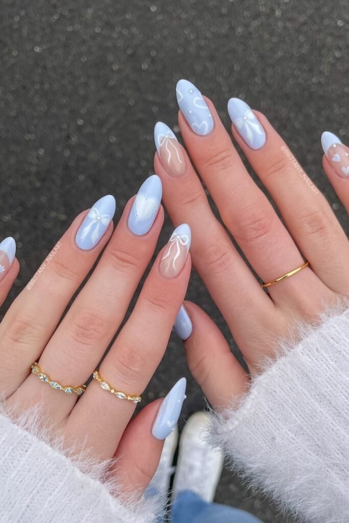 Periwinkle Coquette Nails with Bows, Hearts, and Lace