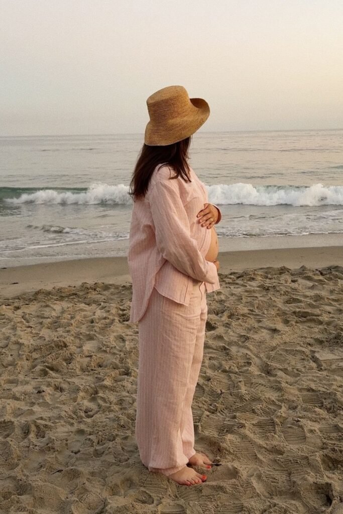 Pink Linen Shirt and Trouser Set at the Beach