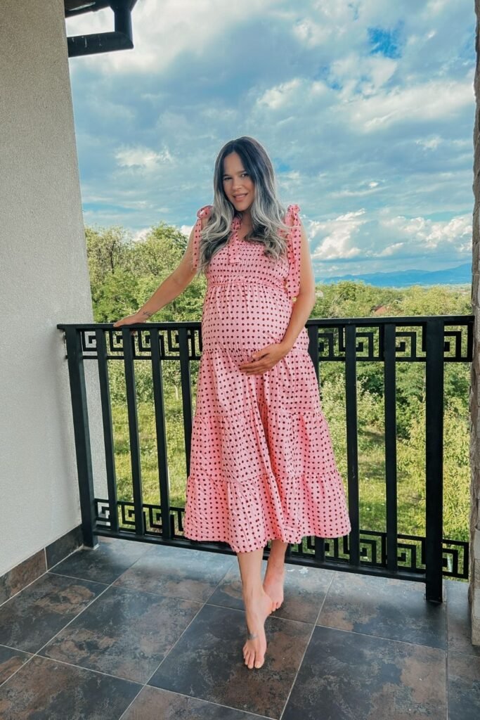 Pink Polka Dot Tiered Midi With Tie Shoulders