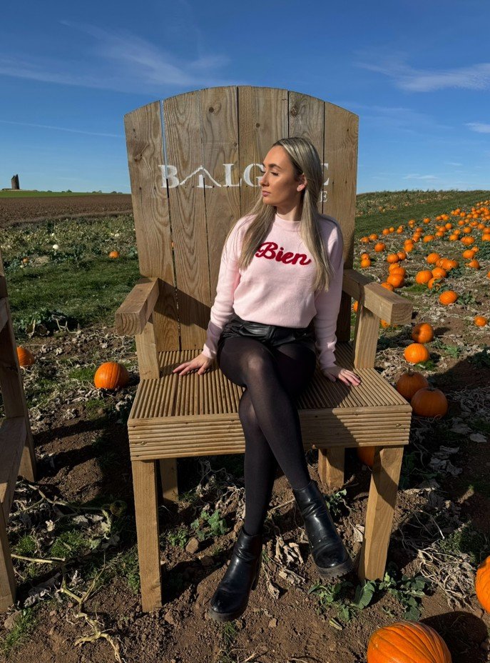 Pink Slogan Knit With a Black Leather Mini and Tights