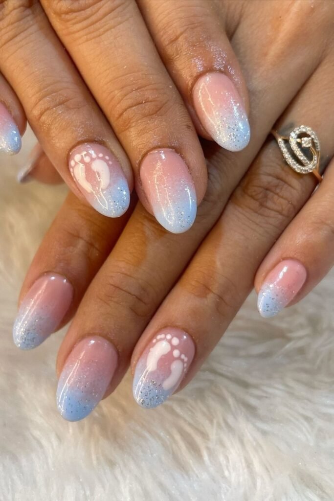 Pink to Blue Ombré with Glitter and White Footprint Accents