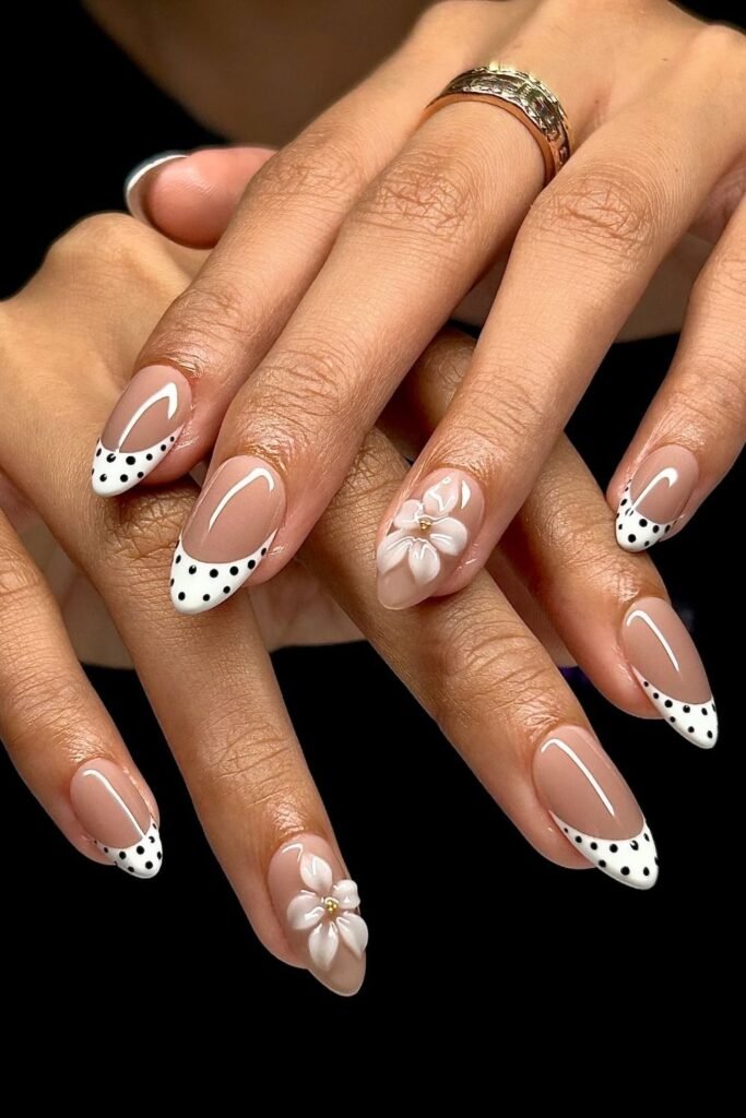Polka Dot French Tips With a 3D Flower Accent Nail