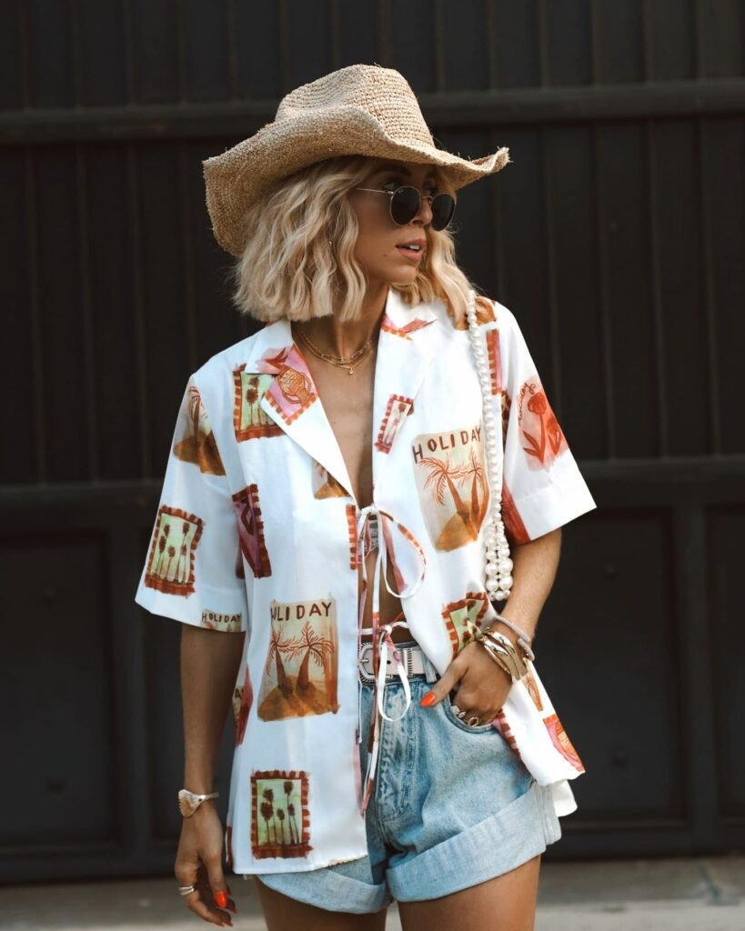 Printed Camp Shirt Tied Over Cuffed Denim Shorts