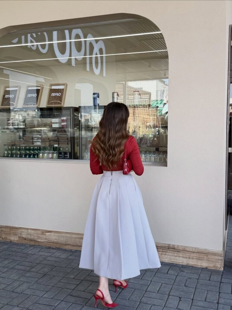Red Fitted Top With a Full Pale Grey Midi Skirt
