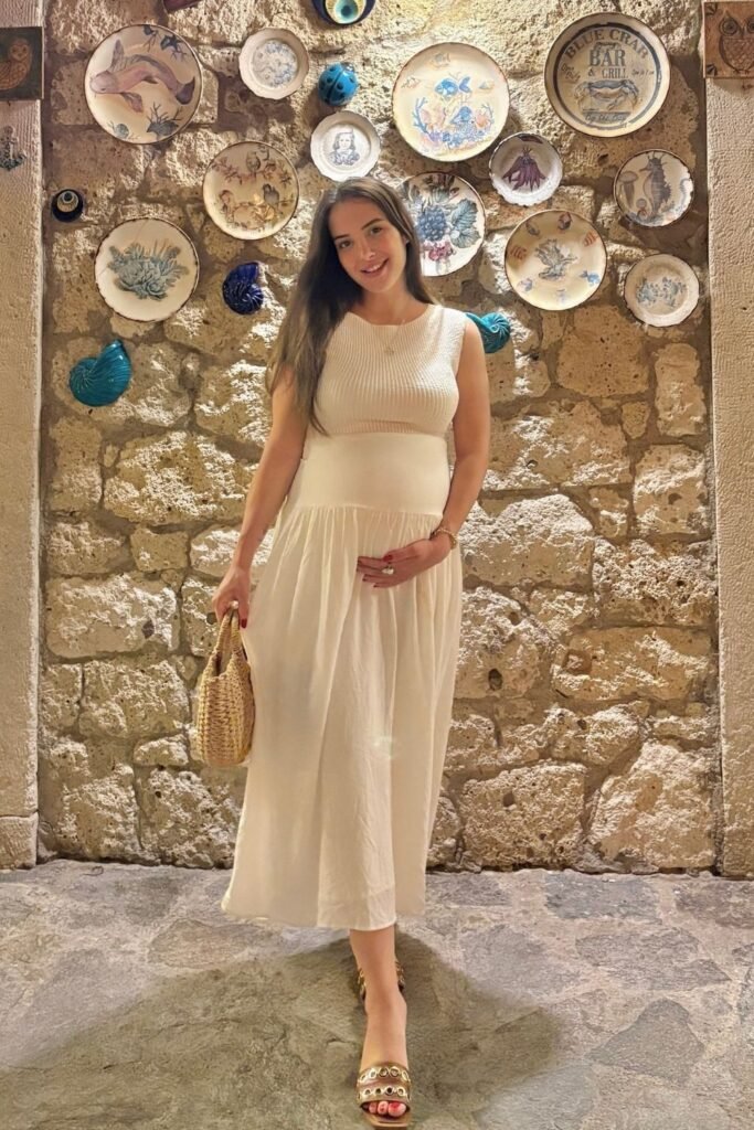 Ribbed Cream Crop Top With a High Waisted Gathered Midi Skirt