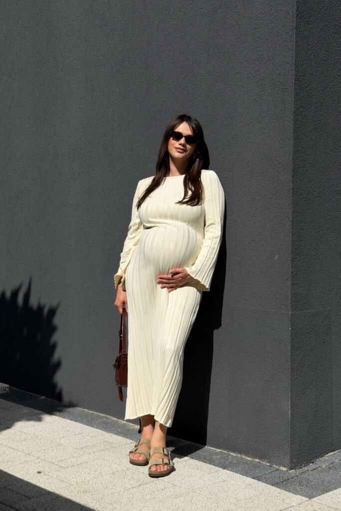 Ribbed Cream Knit Maxi With Flat Suede Sandals