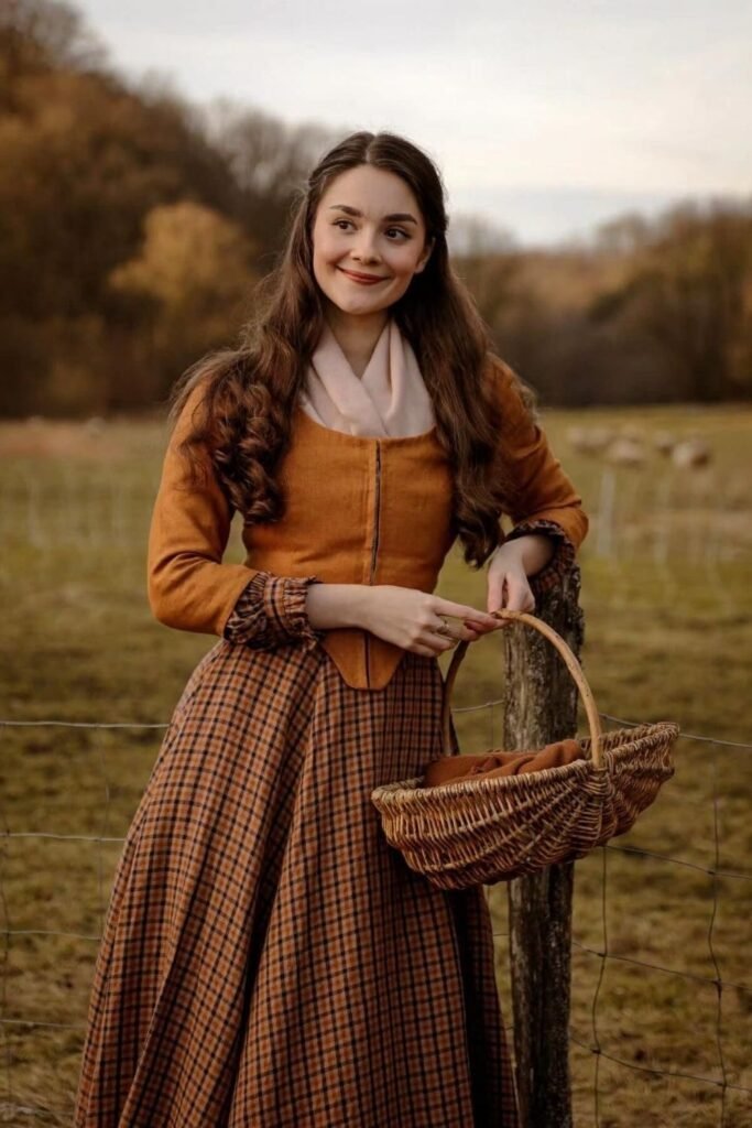 Rust Linen Bodice Over a Plaid Skirt for a Countryside Look