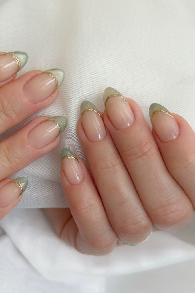 Sage Green Shimmer Tips with a Gold Outline_