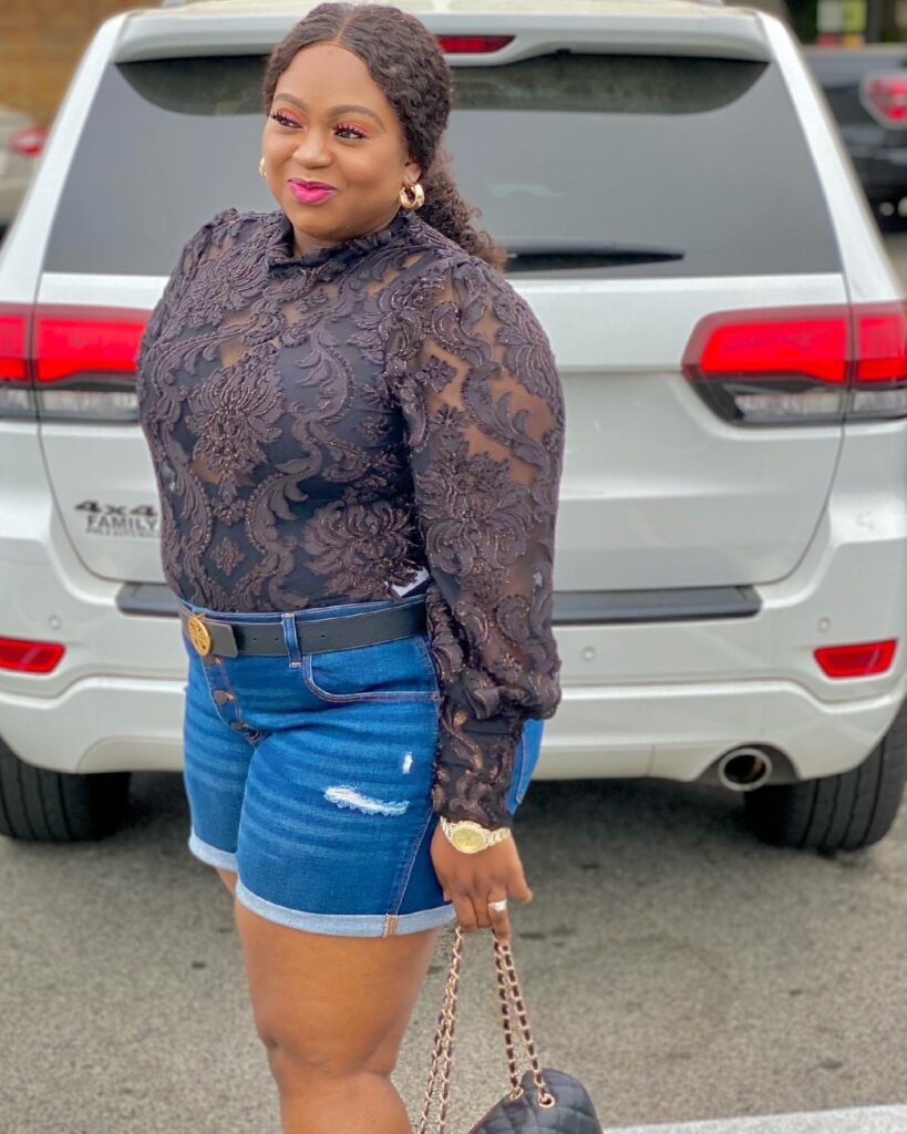 Sheer Damask Lace Top With Cuffed Denim Shorts