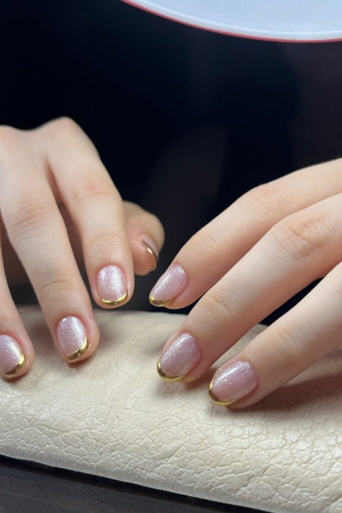 Shimmery Pink Base with Thin Gold Chrome Tips