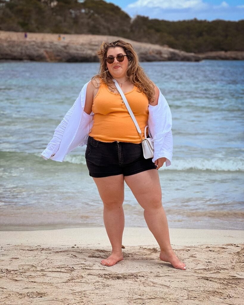Tangerine Tank, Black Denim Shorts, White Linen Shirt