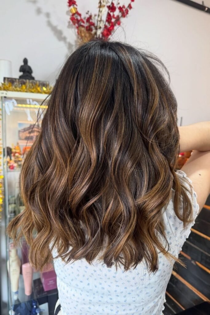 Toffee Ribbon Balayage on Near Black Hair