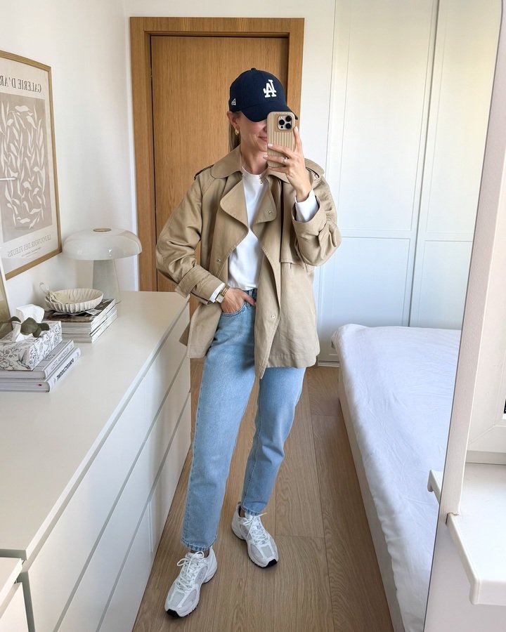 Trench Jacket and Baseball Cap With Mom Jeans