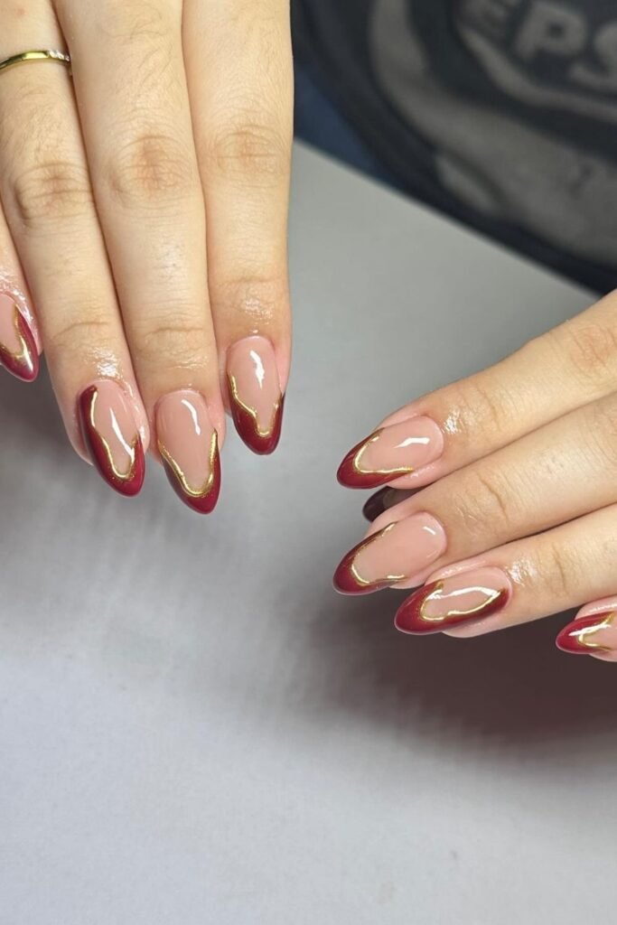  Wavy Burgundy Abstract Tips with a Gold Border