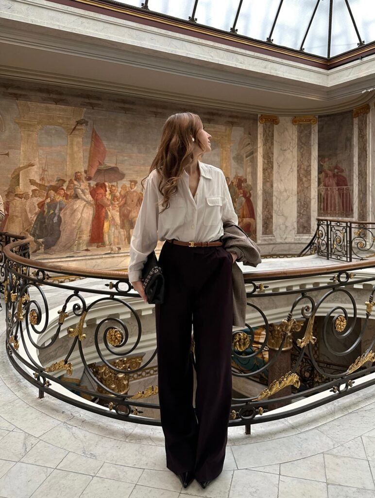 White Button-Down With Dark Wide-Leg Trousers