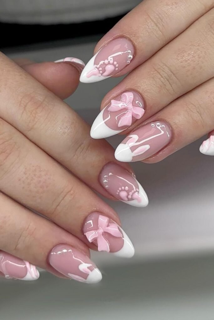 White French Tips with 3D Pink Bows and Tiny Footprints