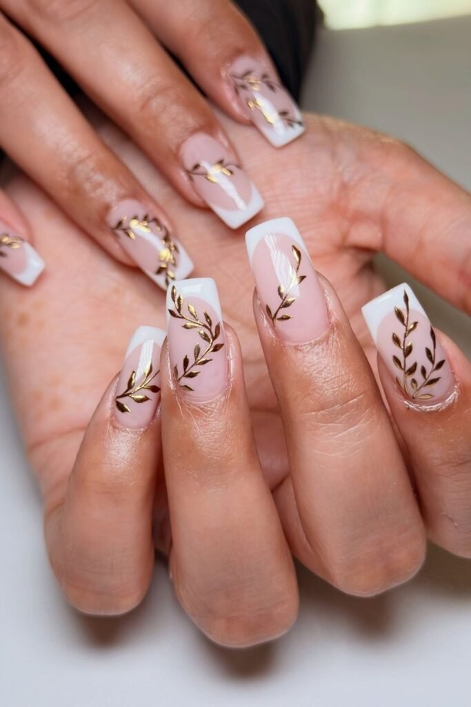 White French Tips with Gold Laurel Leaf Vines