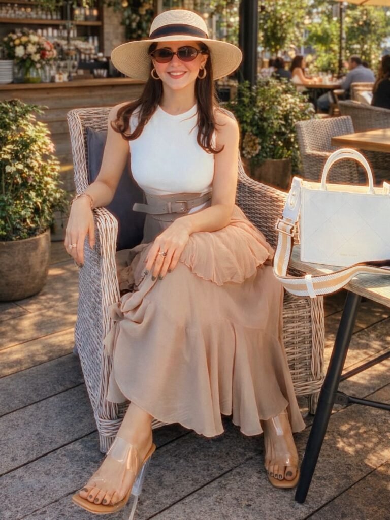 White Tank, Belted Blush Midi Skirt, and a Sun Hat_ birthday dinner outfit