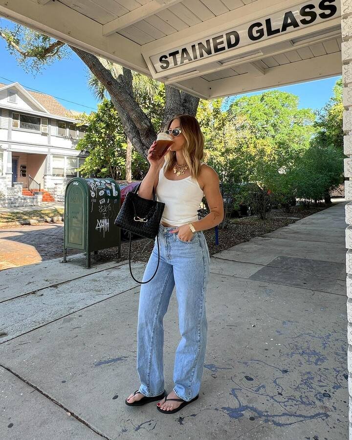 White Tank With Full Length Mom Jeans and Flip Flops
