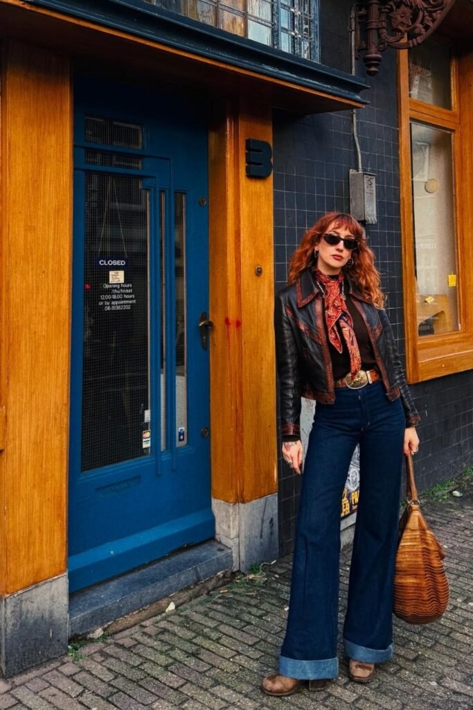 Wide Leg Denim, a Silk Scarf, and a Leather Jacket