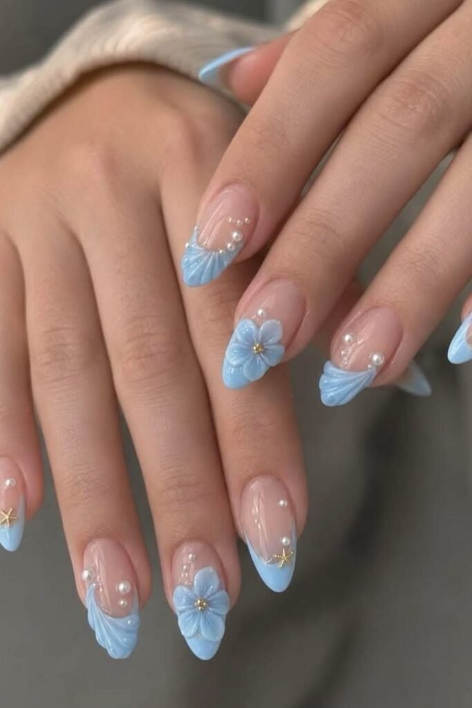 3D Baby Blue Seashell French Nails