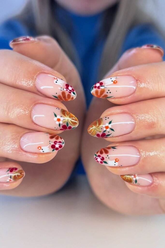 Autumn Floral Ghost Halloween Short Nails