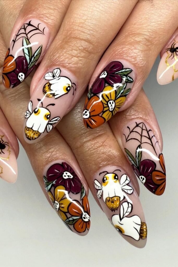 Autumn Florals With Ghost Bees and Spiderwebs