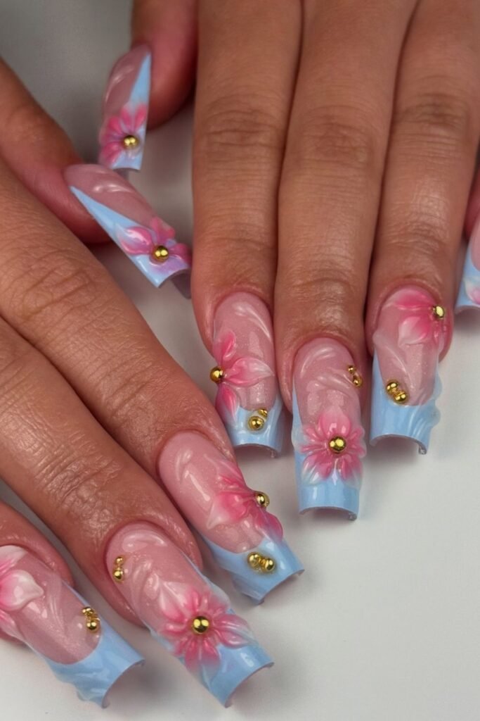 Baby Blue 3D Floral Square Nails