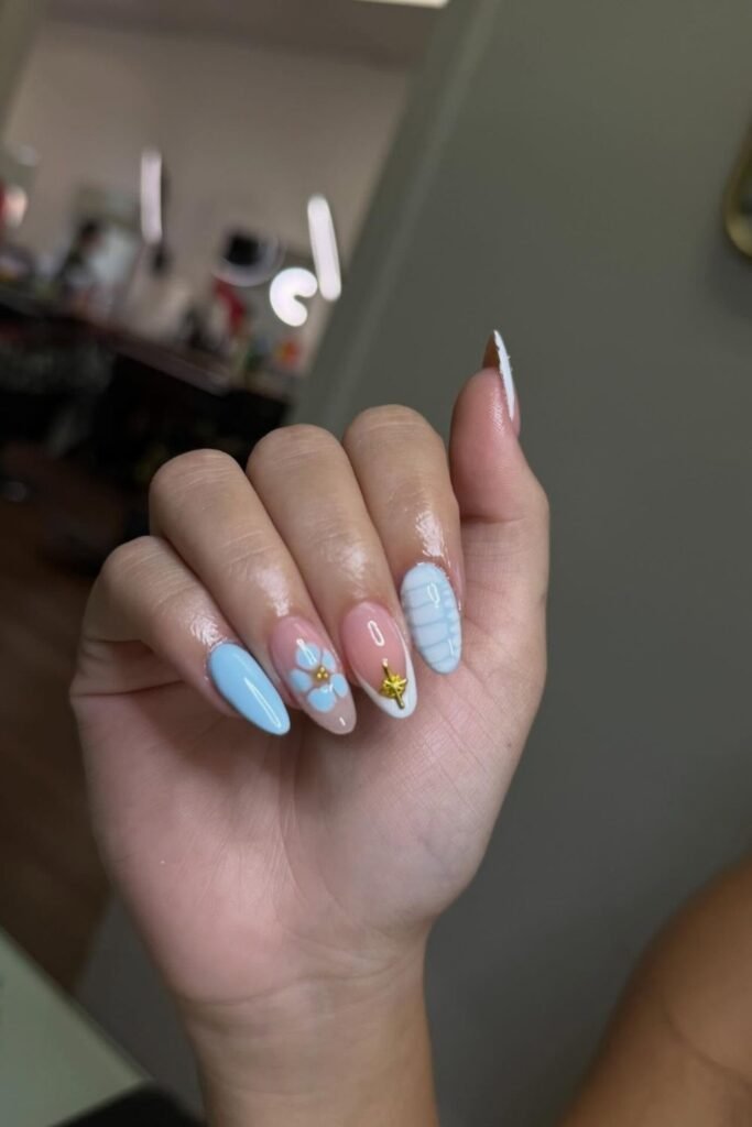 Baby Blue Floral and Starfish Nails