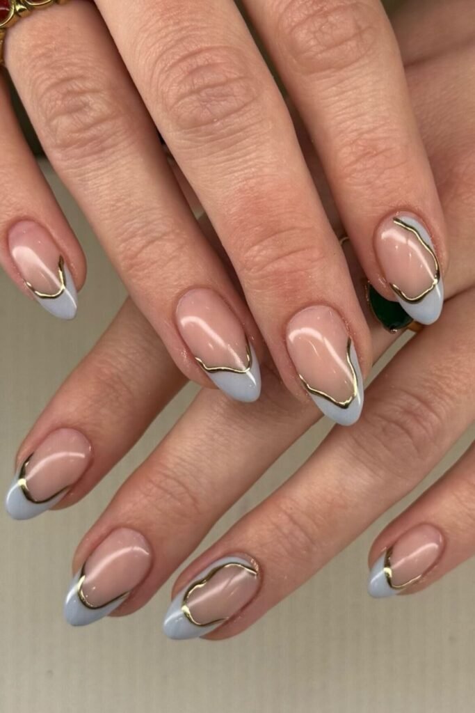 Baby Blue French Tips With Gold Outline