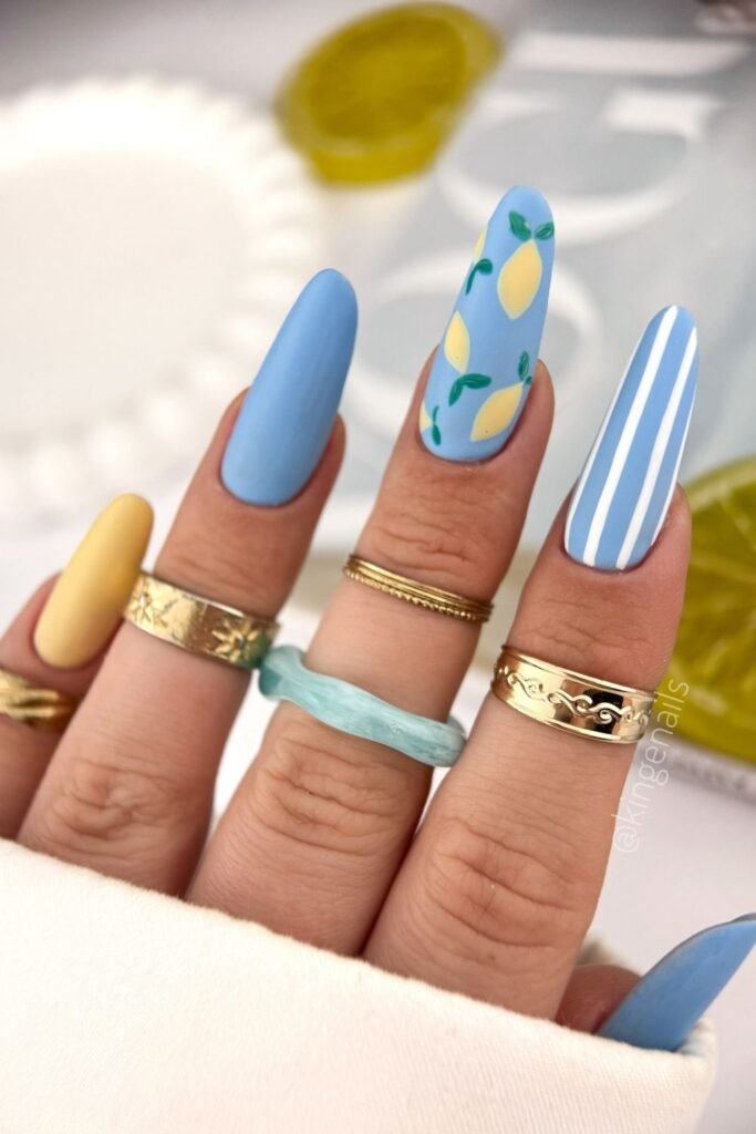 Baby Blue Lemon Nails With White Stripes