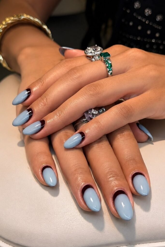 Baby Blue Nails With Deep Mocha Cuticle Detail