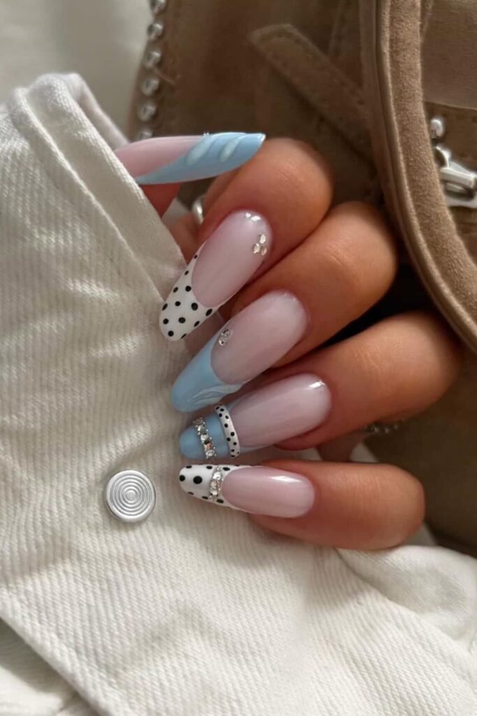 Baby Blue Polka Dot French Nails With Rhinestones