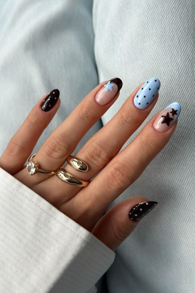 Baby Blue Star and Polka Dot Nails
