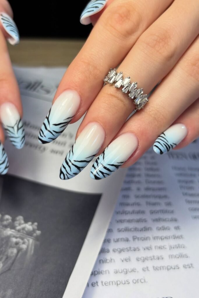 Baby Blue Zebra Tip Nails