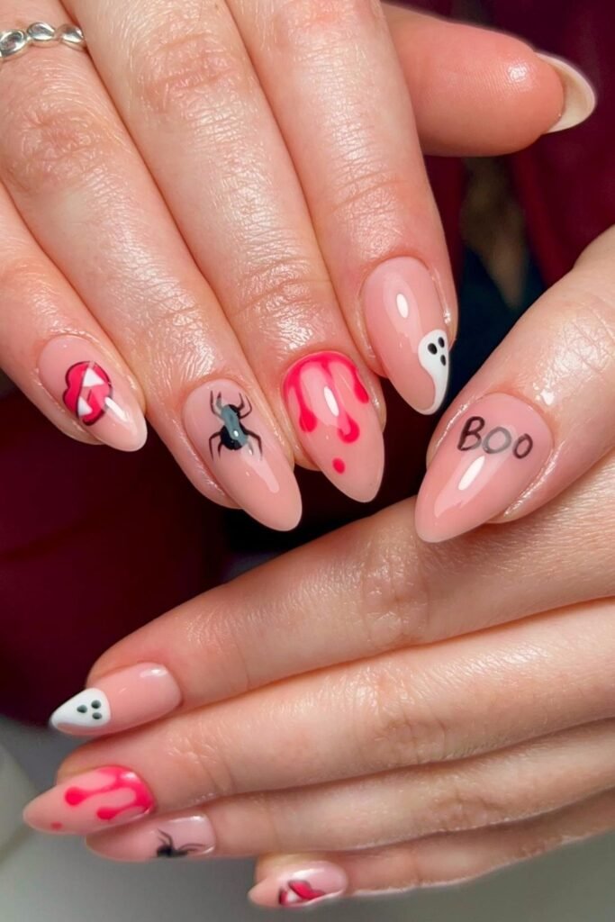 Barely Pink Boo Nails With Neon Drips