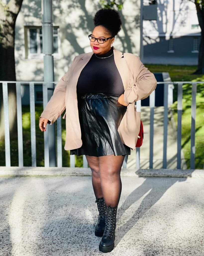 Beige Blazer With a Leather Mini and Combat Boots
