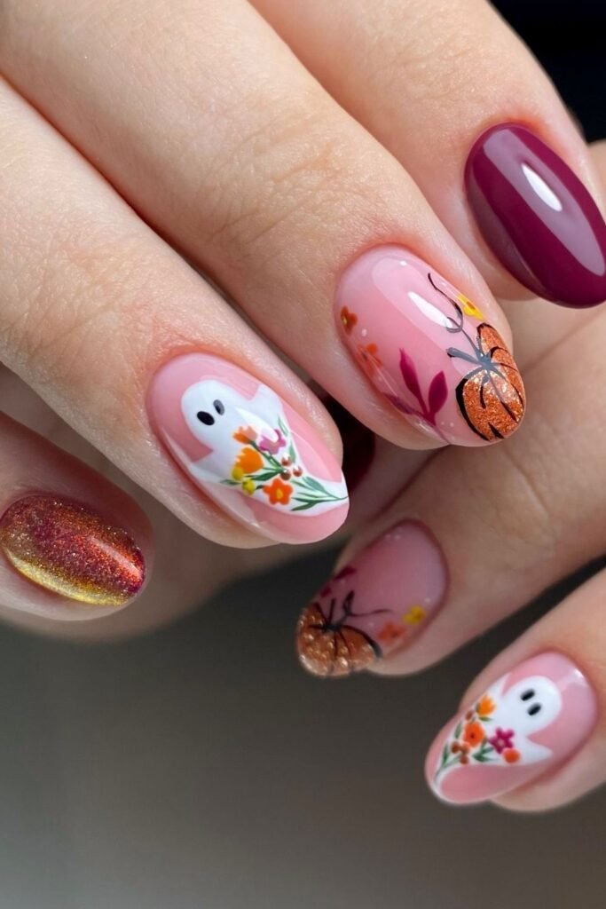 Berry Red Halloween Nails With Pumpkins and Ghost Bouquets