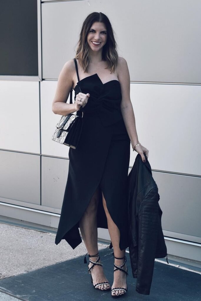 Black Asymmetric Midi Dress With Strappy Heels
