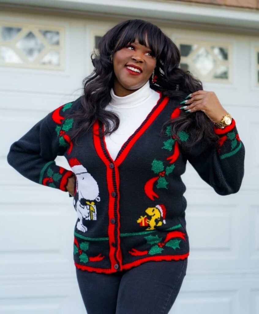 Black Christmas Cardigan Over a White Turtleneck